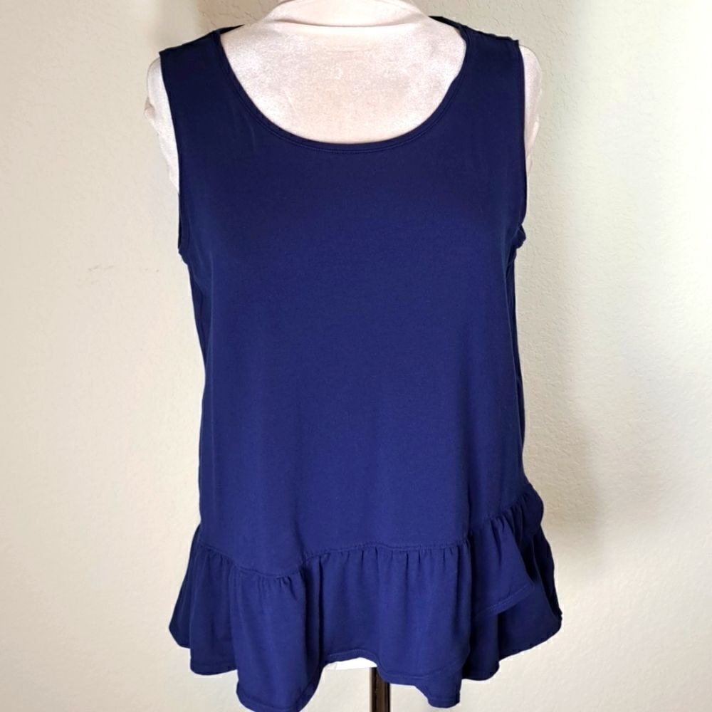 Land’s End Women’s Top Navy Med Stretch Ruffle Waist Sleeveless Knit Tank Top
